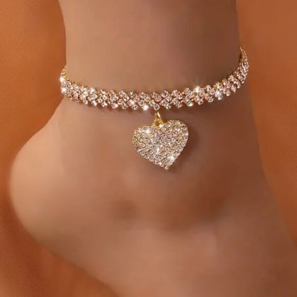 Dangling Heart Shaped Gold Tone Rhinestone Anklet or Choker - Picture 1 of 5
